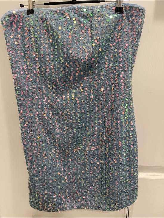 superdown Dresses & Skirts - Superdown Iridescent Sequin Strapless Mini Dress in Blue